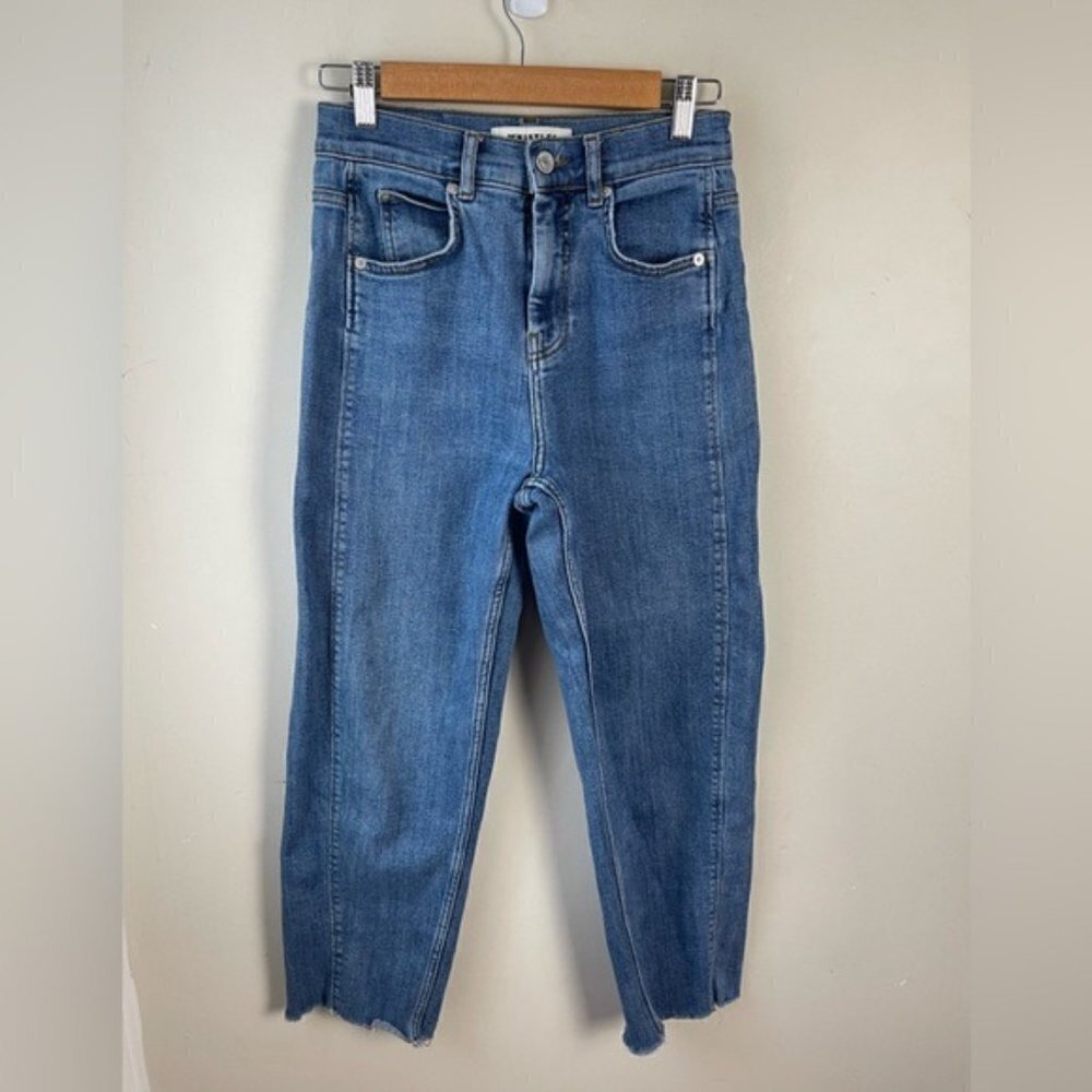 Whistles blue denim curved seam high rise raw hem ankle cropped mom jeans 26